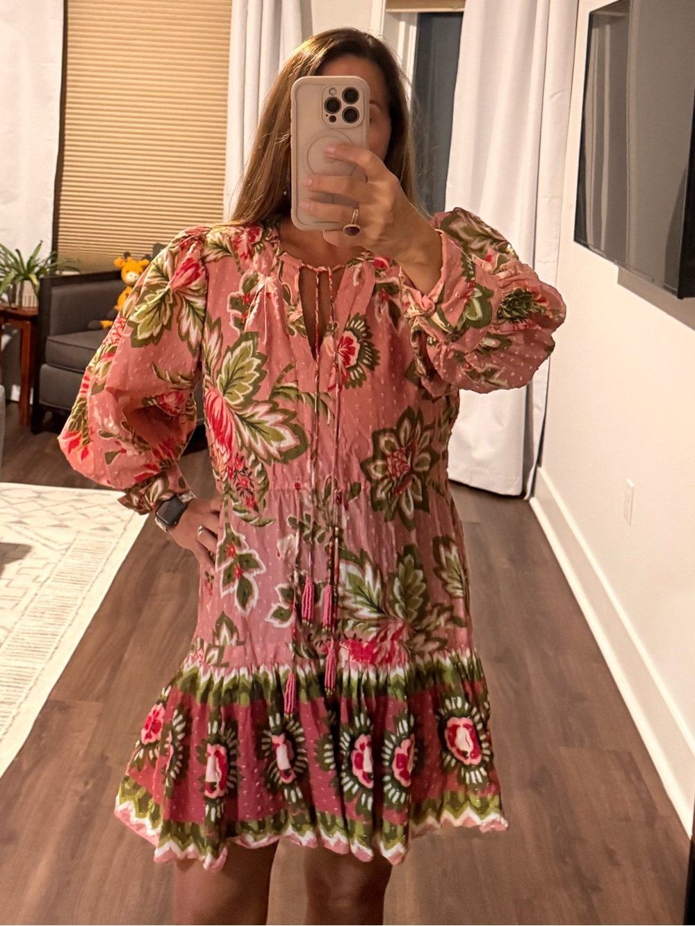 Floral Pink Boho Long-Sleeve Mini Dress